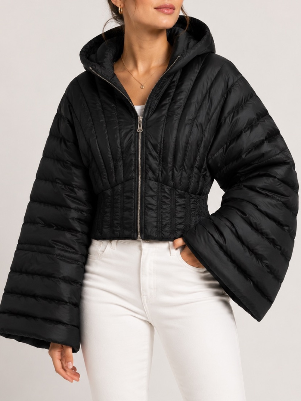 Retro Wide Lantern Sleeve Cropped Puffer Jacket NWT Hooded Black Women’s Size M